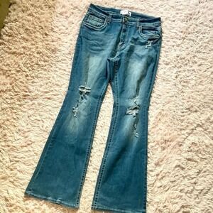 Low Rise Y2K Flare Leg Retro Distressed Medium Wash Jeans Womens 18 Floral Patch